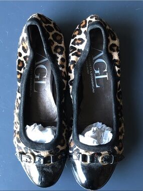 AGL Leopard-Print Flats with Black Patent Cap Toe and Buckle